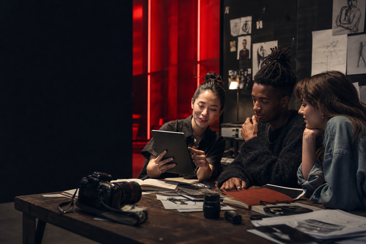 A creative team reviewing work on a tablet
