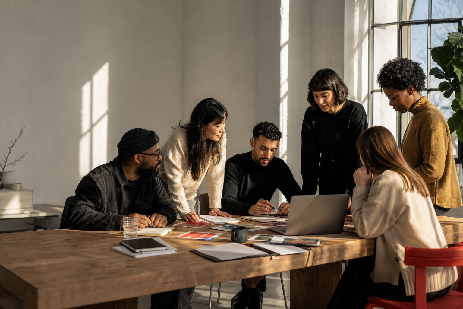 Community leaders planning together in a bright studio